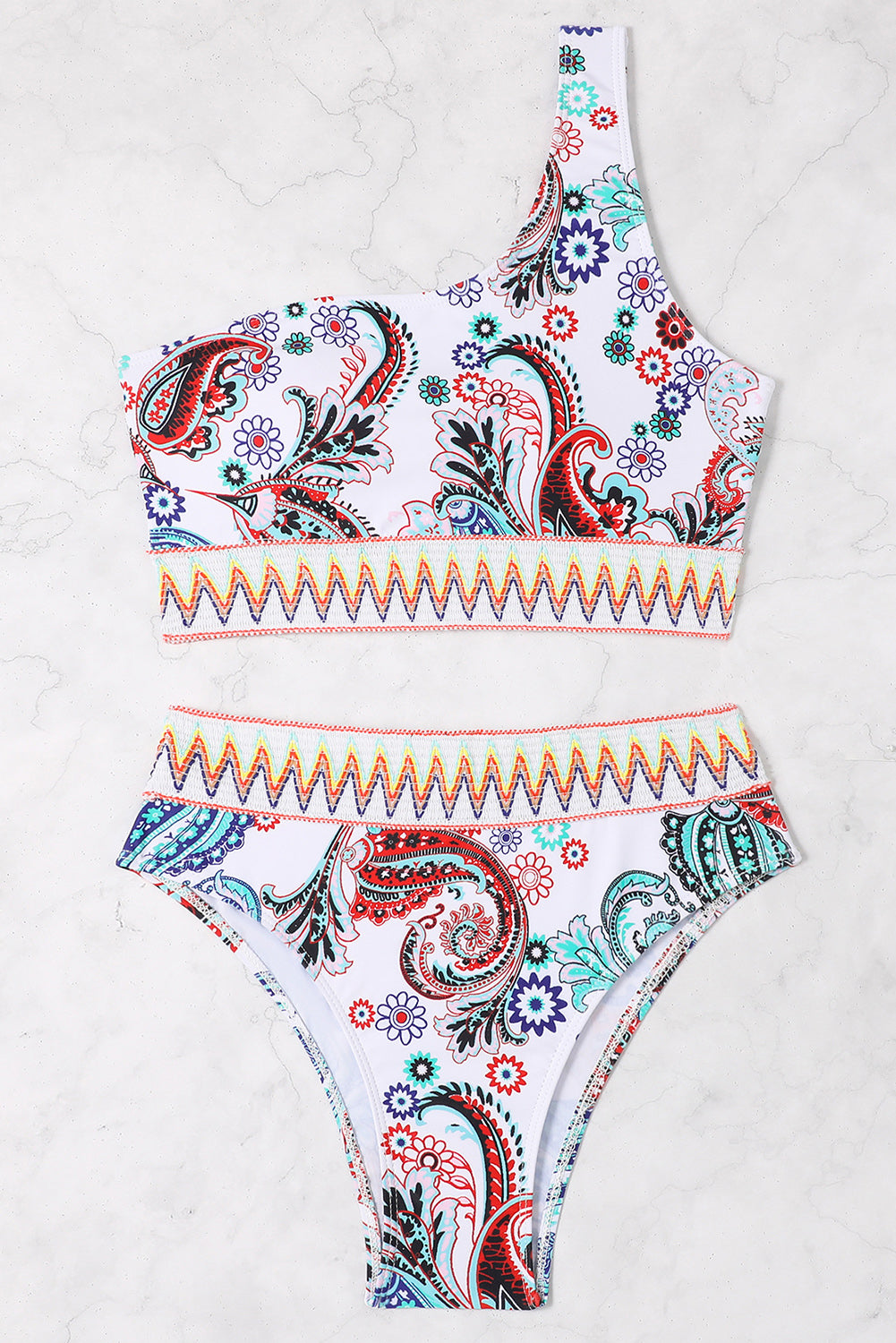 Contrast Trimmed One-shoulder Bikini Set