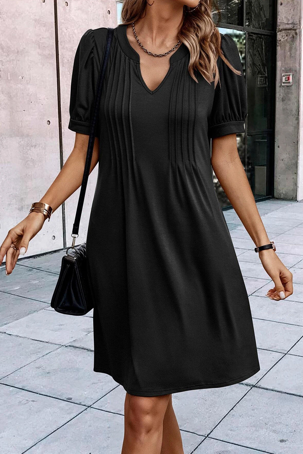 Neck Pleated Puff Sleeve Shift T-shirt Dress