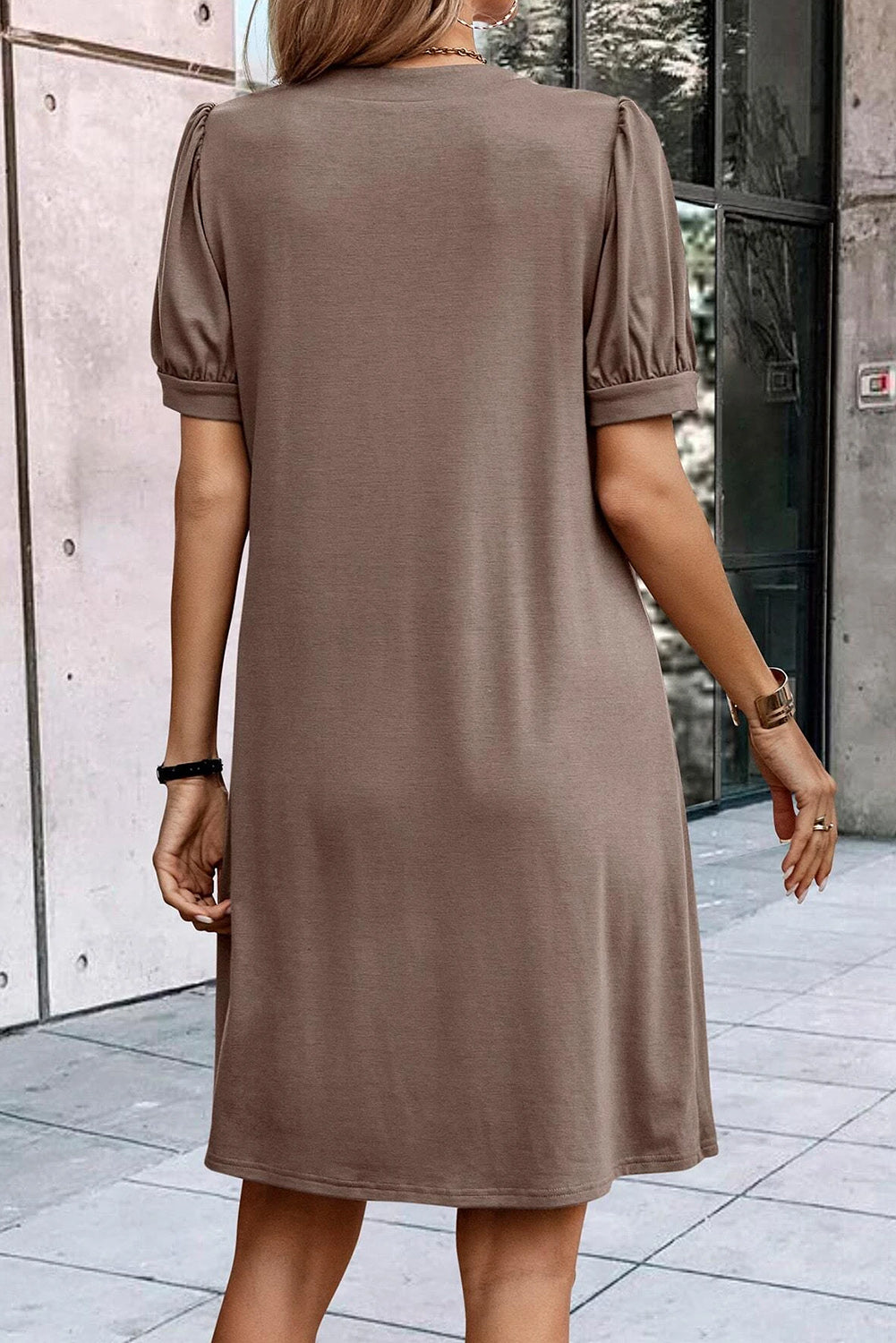Neck Pleated Puff Sleeve Shift T-shirt Dress