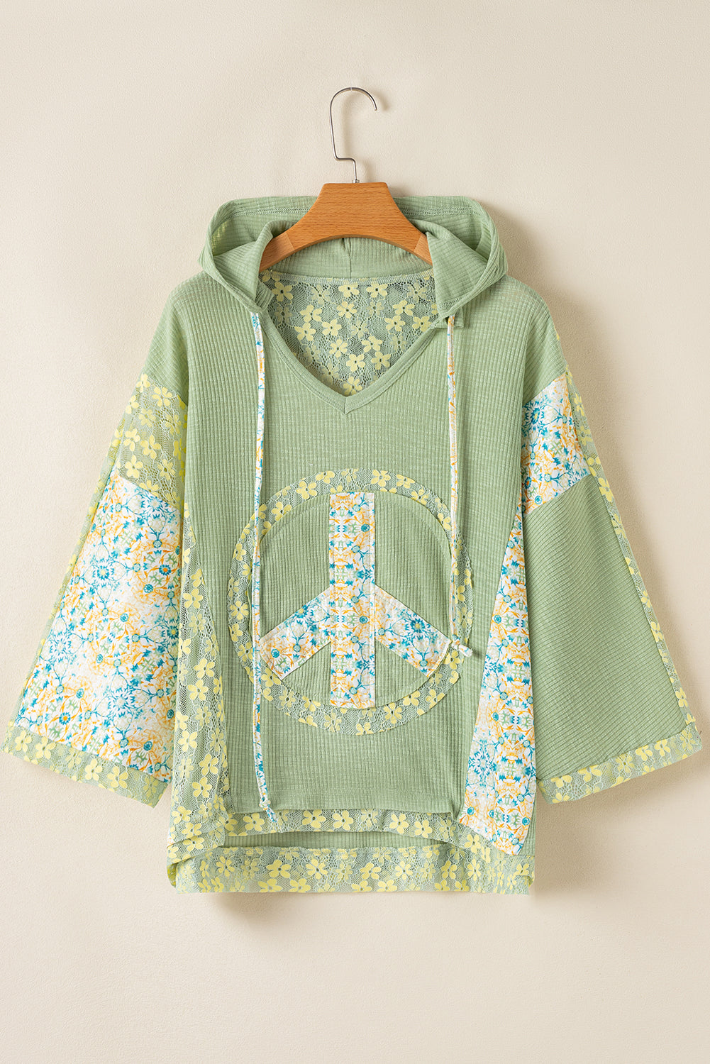 Oversized Floral Peace Sign Graphic Hooded Top