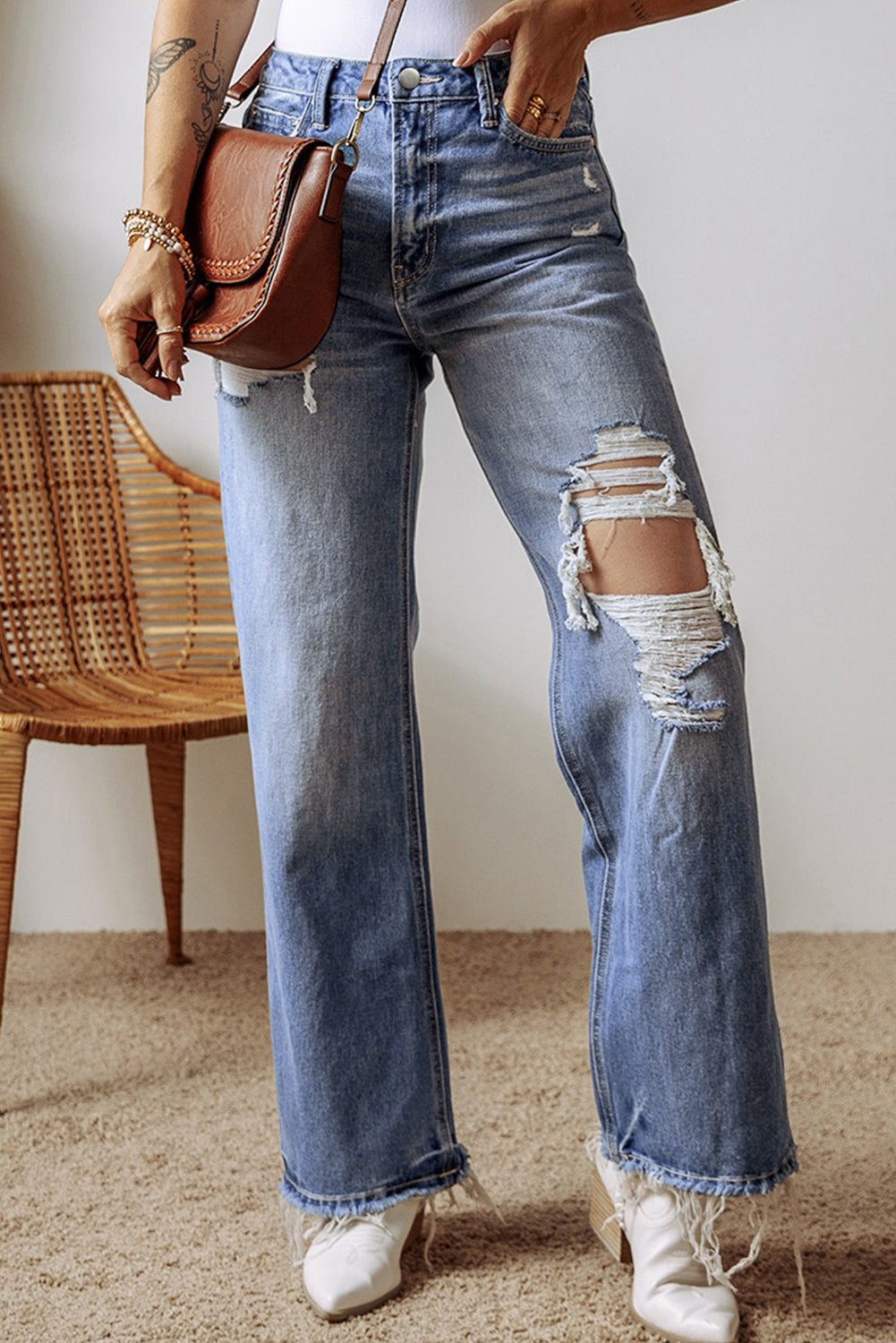 Raw Hem Straight Leg High Waist Jeans