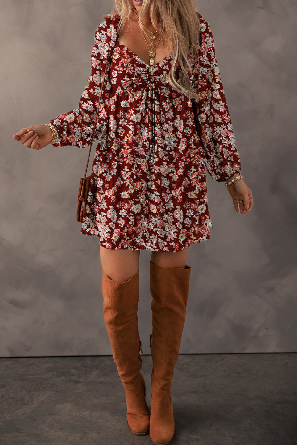 Floral Print Sweetheart Neck Shirred Mini Dress