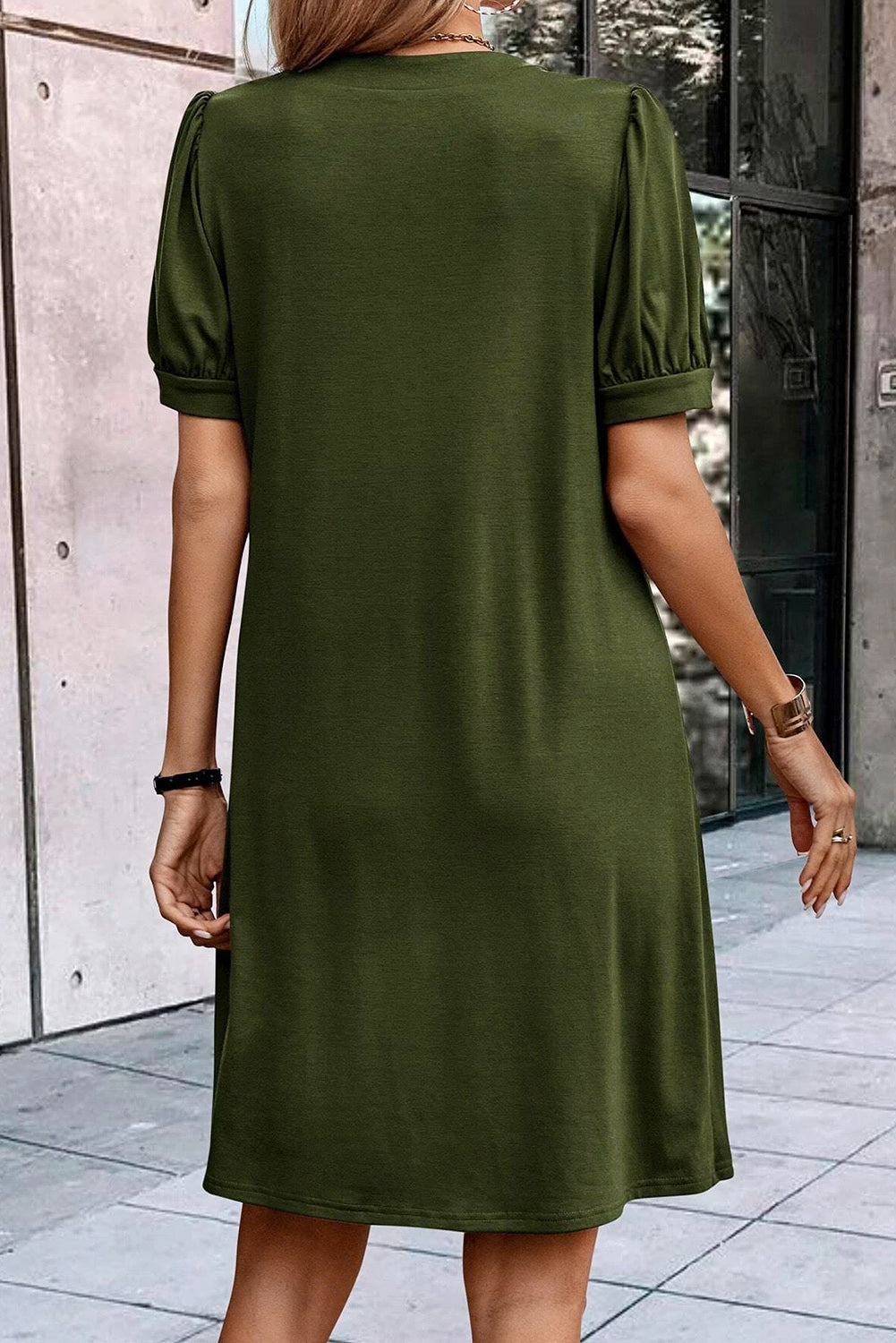 Neck Pleated Puff Sleeve Shift T-shirt Dress