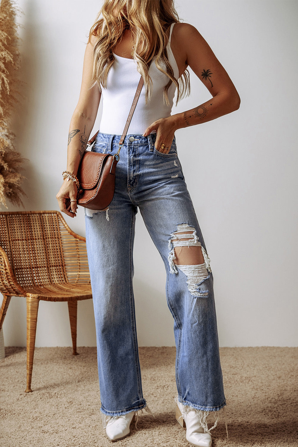 Raw Hem Straight Leg High Waist Jeans
