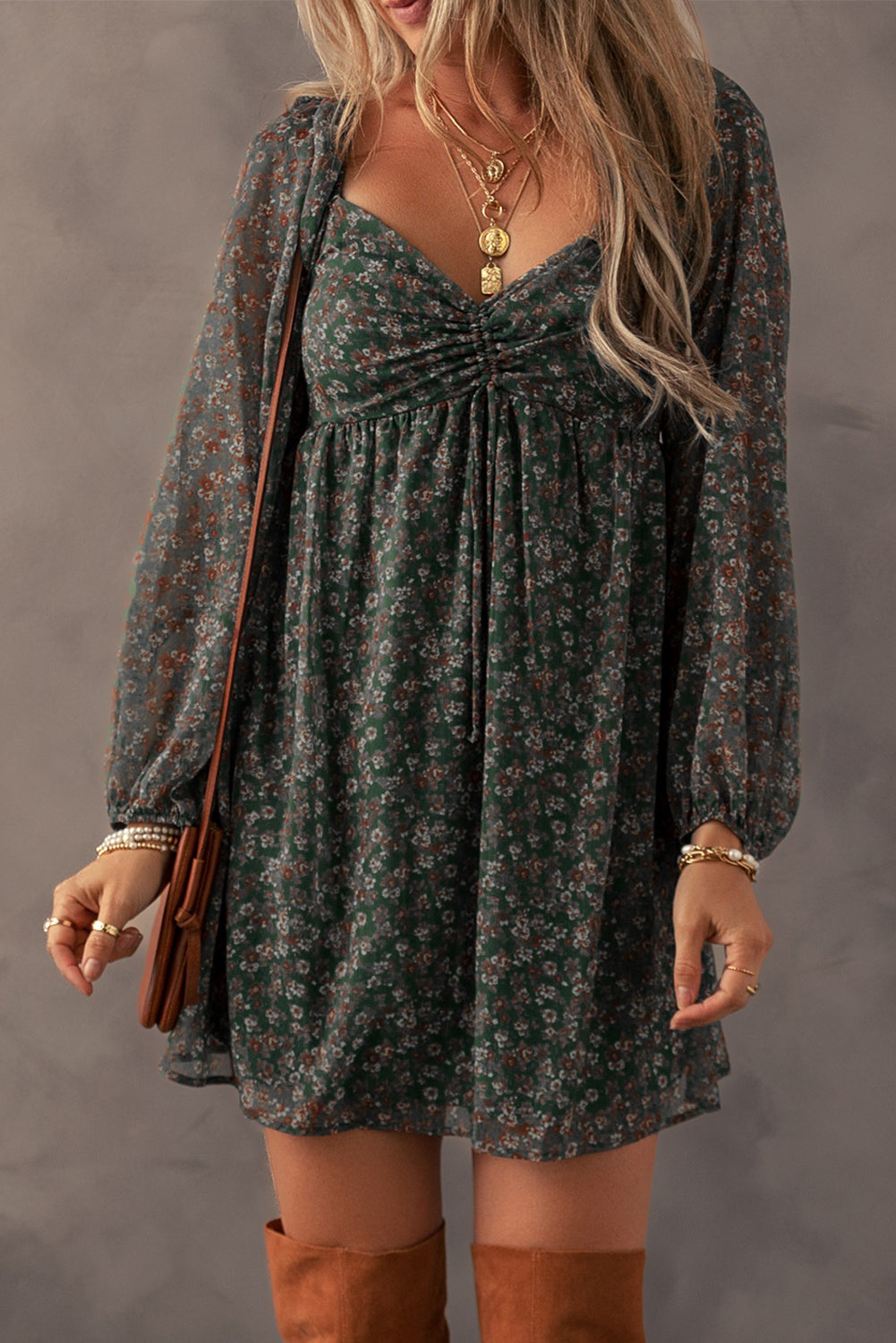 Floral Print Sweetheart Neck Shirred Mini Dress