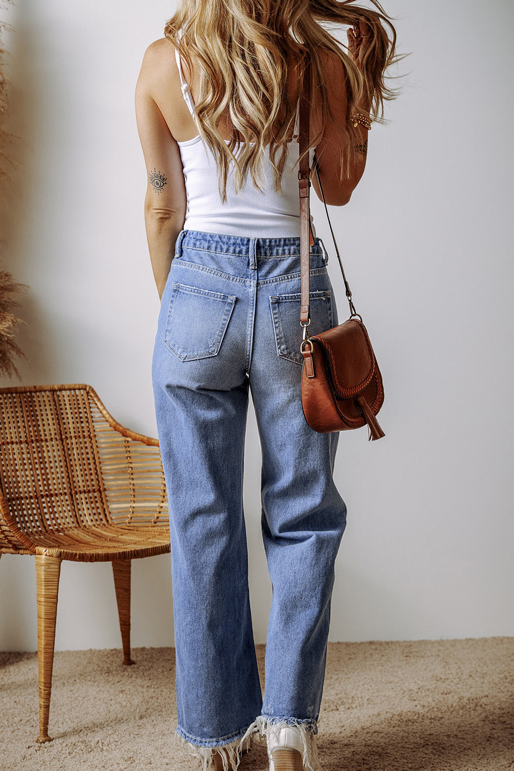 Raw Hem Straight Leg High Waist Jeans