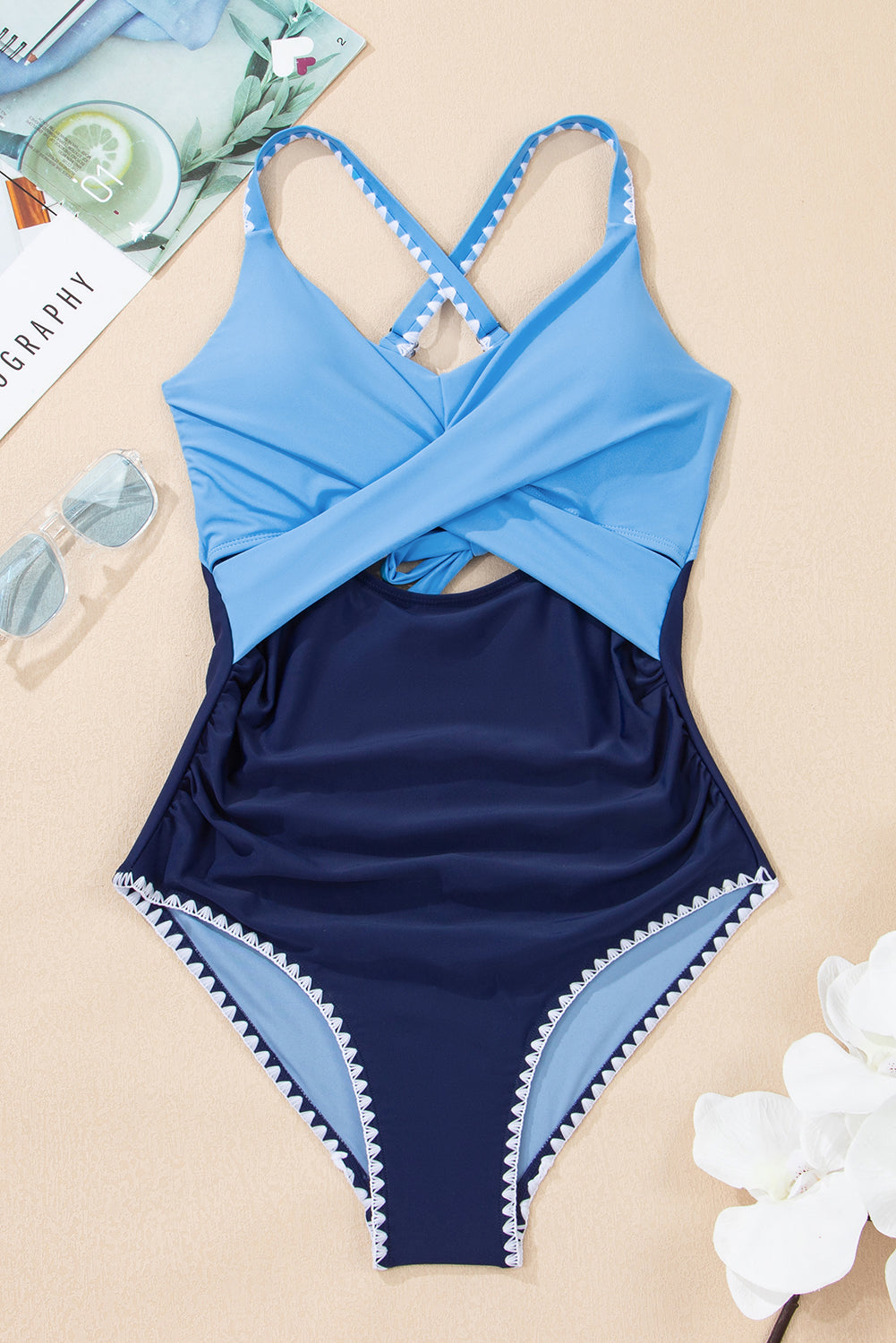 Black Ric Rac Trim Contrasted Patchwork Cutout One Piece Swimsuit