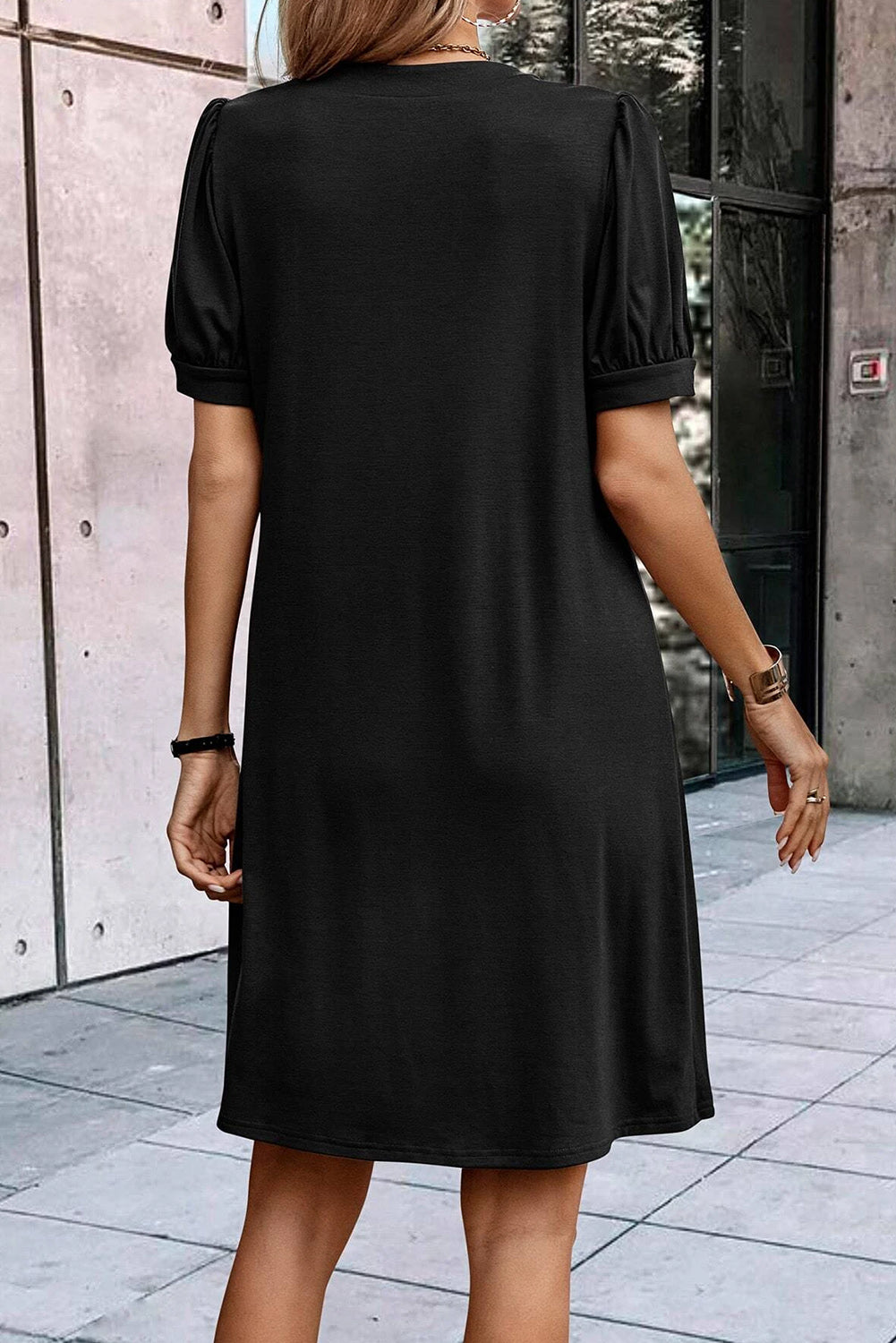 Neck Pleated Puff Sleeve Shift T-shirt Dress