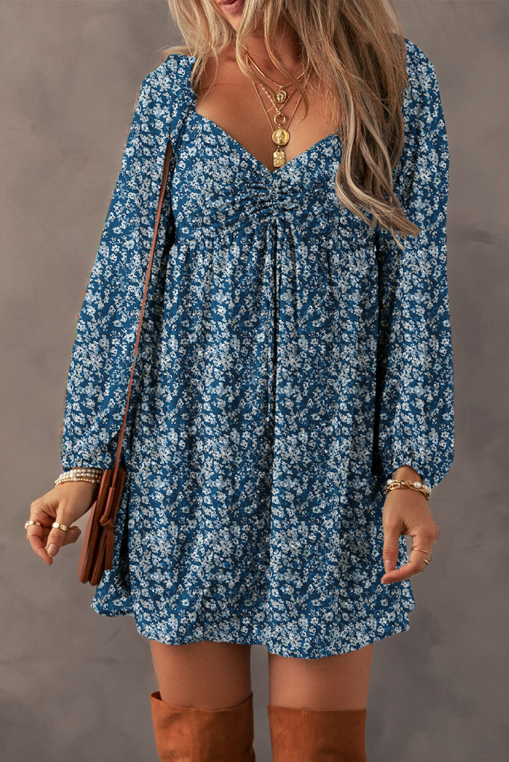 Floral Print Sweetheart Neck Shirred Mini Dress