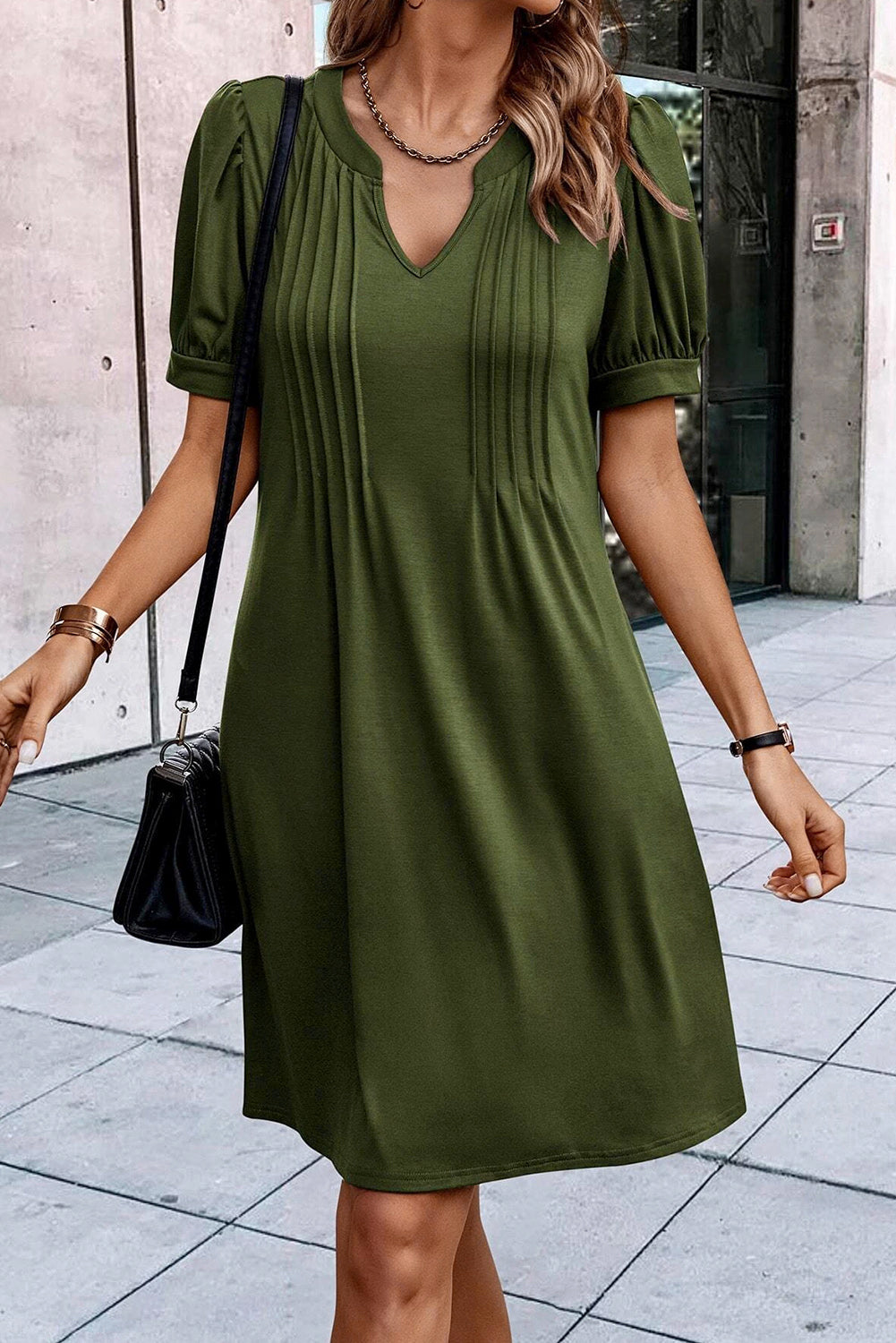 Neck Pleated Puff Sleeve Shift T-shirt Dress