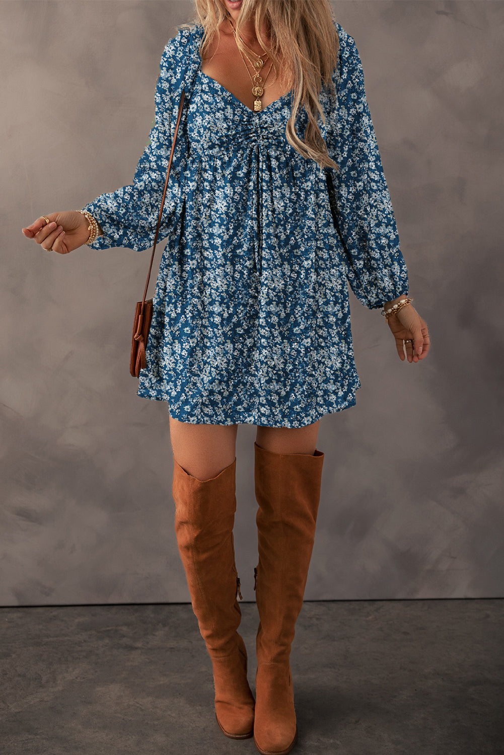 Floral Print Sweetheart Neck Shirred Mini Dress