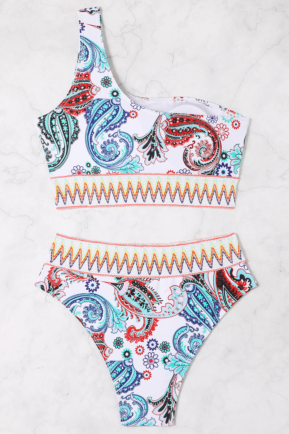 Contrast Trimmed One-shoulder Bikini Set